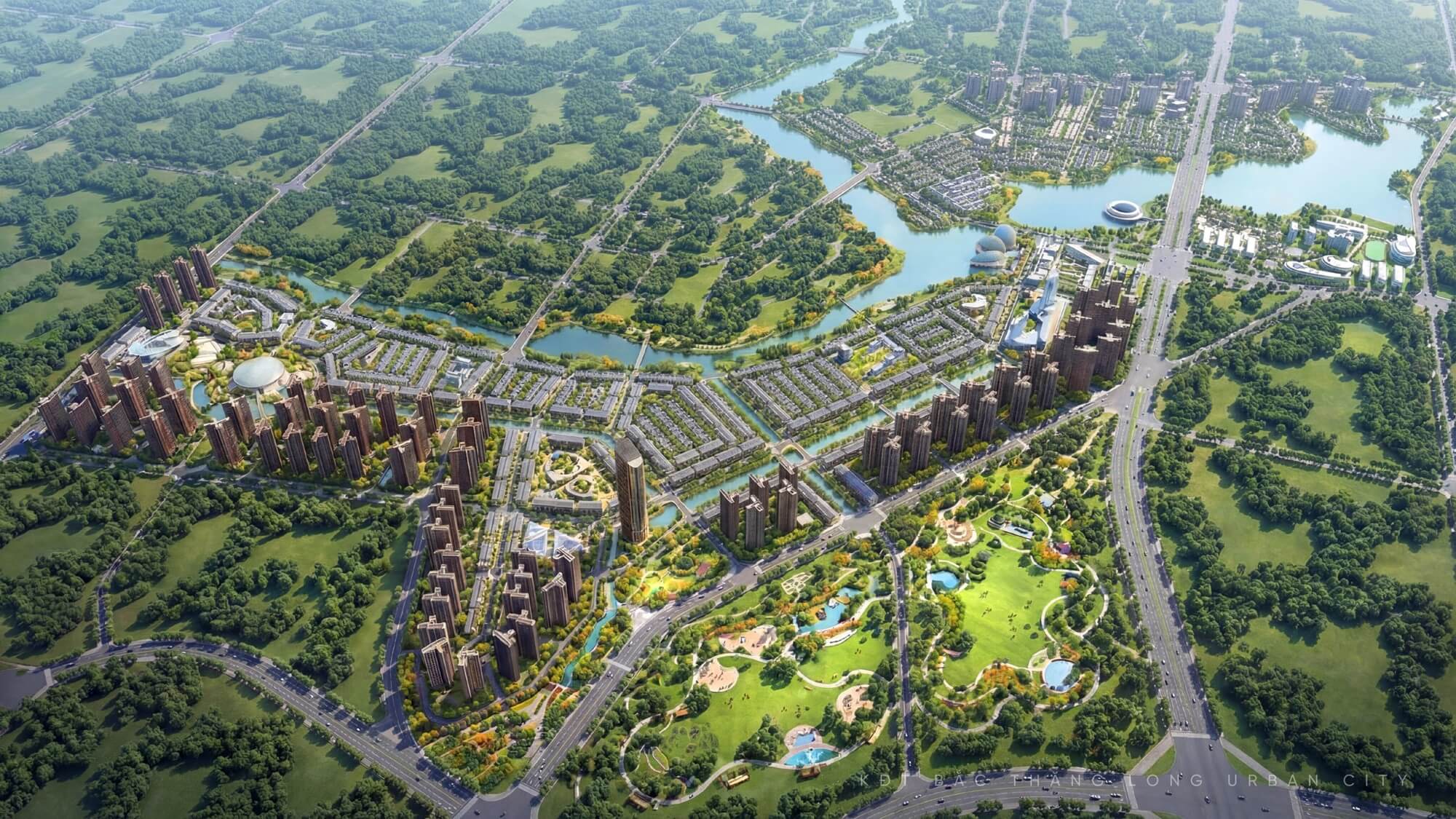Phối cảnh tổng quan dự án với tiện ích xanh và không gian mặt nước